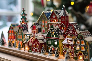 Naklejka premium Small Christmas toy houses and Christmas gift boxes in the store