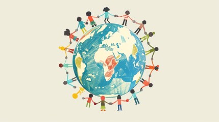 Illustration of a globe with people of various cultures holding hands