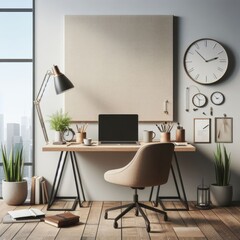 A desk with a laptop and a chair in a Room with a template mockup poster empty white and with a large window image art lively card design.