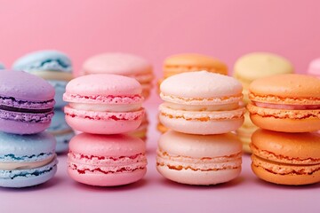Elegant flyer design template showcasing a variety of colorful and delicate French macarons. The template features vibrant images of these exquisite pastries, highlighting their smooth, glossy shells 