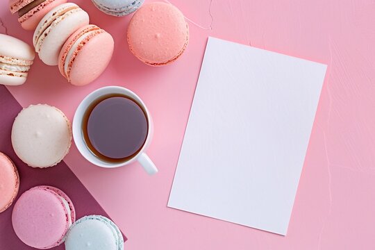 Elegant flyer design template showcasing a variety of colorful and delicate French macarons. The template features vibrant images of these exquisite pastries, highlighting their smooth, glossy shells 
