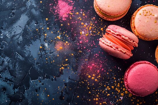 Elegant flyer design template showcasing a variety of colorful and delicate French macarons. The template features vibrant images of these exquisite pastries, highlighting their smooth, glossy shells 