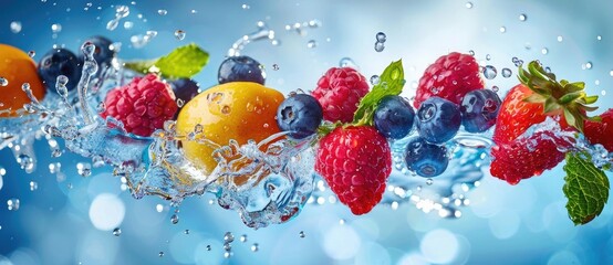 Colorful flying fresh berries and fruits with splashes of water on blue background, banner design. B tyndall effect. Sunlight. Backlit.