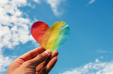 Holding a colorful heart-shaped paper cutout against a blue sky background, in the style of an LGBT concept, Generative AI