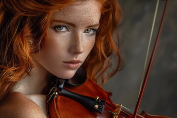 
Stunning Redhead Musician Poses with Violin in Captivating Portrait