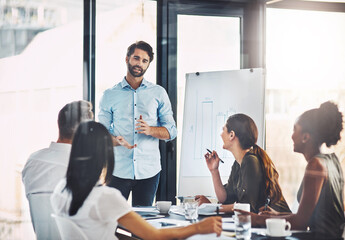 Businesspeople, meeting and board in office for presentation with graphs for business. Data scientist, planning and risk management with insurance, analytics and statistics for company with finance