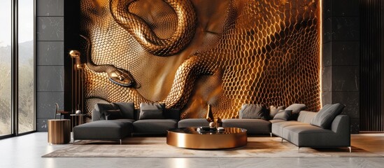 Captivating Cobra Skin Wallpaper Adorning Sleek Lounge Room with Minimalist Furniture and Metallic - obrazy, fototapety, plakaty