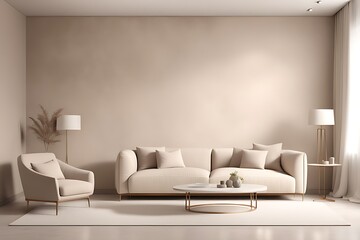  Light beige living room - modern interior hall and furniture design. Mockup for art - ivory taupe empty texture plaster microcement wall. Luxury premium nude accent lounge reception. 3d render 