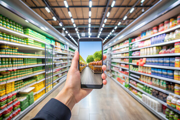 reality for smart retail business concept.hands holding mobile phone on blurred supermarket as background - obrazy, fototapety, plakaty