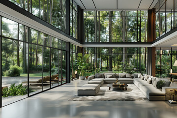 A modern living room with floor-to-ceiling windows overlooking Tropical rainforest in the deep forest