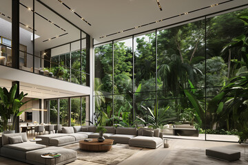 A modern living room with floor-to-ceiling windows overlooking Tropical rainforest in the deep...