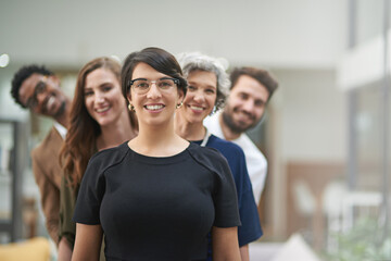 Line, businesspeople and office with smile in portrait for team building in company with employee. Leader, law firm and lawyer with group for representing with happiness or positive with staff.