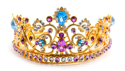 Fototapeta premium Beautiful gold crown with gems isolated on white