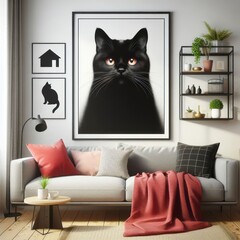 A living room with a template mockup poster and with a couch and a picture of a cat image realistic attractive has illustrative meaning.