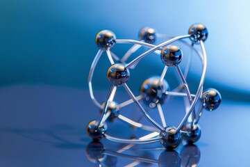 A 3D model of a molecule made of metal spheres and rods on a blue background.