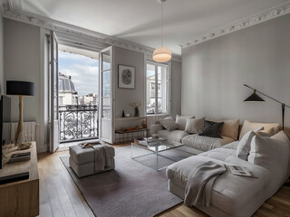 Parisian apartment. Scandinavian interior design of modern living room, home.