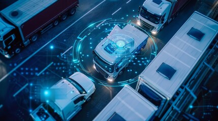 Fototapeta premium Overhead shot of a fleet management center with vehicles being tracked and monitored in real-time, highlighting fleet logistics
