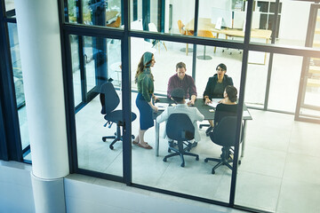 Fototapeta premium Business people, meeting and boardroom with team for collaboration, discussion or brainstorming at office. Group of employees in conference for company strategy, mission or planning at the workplace