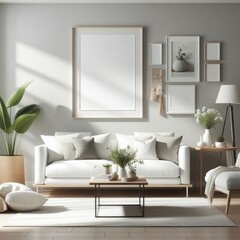 A living room with a template mockup poster empty white and with a couch and a coffee table art used for printing card design.