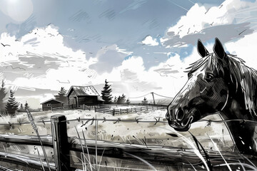 Farm Horse Drawing.  Generated Image.  A digital illustration of a drawing of a horse on a farm with bold lines.