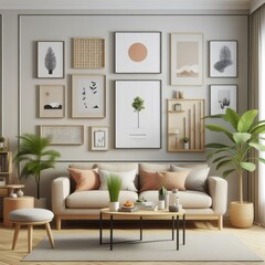 A living room with a template mockup poster empty white and with a couch and a coffee table attractive card design.