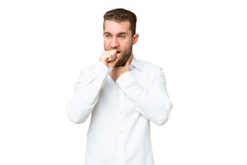 Young handsome blonde man over isolated chroma key background coughing a lot