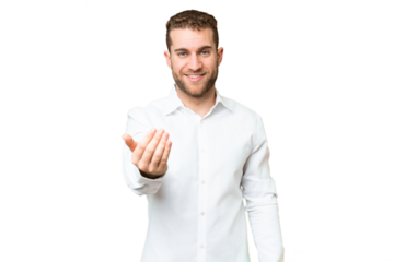Young handsome blonde man over isolated chroma key background inviting to come with hand. Happy that you came