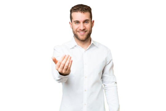 Young handsome blonde man over isolated chroma key background inviting to come with hand. Happy that you came