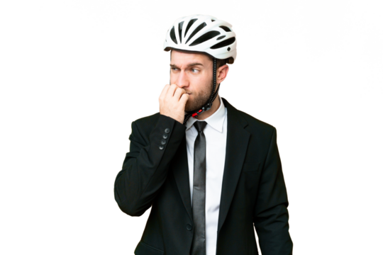 Business person with a bike helmet over isolated chroma key background having doubts - Powered by Adobe