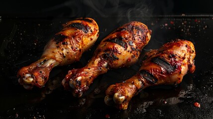 Spicy chicken legs, grilled to perfection, on a black background.