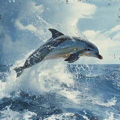 Fototapeta premium Playful dolphin leaping, ocean spray, side angle, bright daylight, crisp white setting
