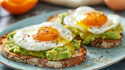 Start your day with a nutritious breakfast of avocado toast and eggs. Savor the creamy avocado and protein-packed eggs on top of crispy toast.