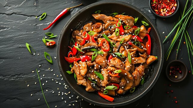 Stir-fried turkey with peppers, mushrooms, chives, and sesame seeds in a skillet. An Asian-style dish on a black stone kitchen counter, seen from above.