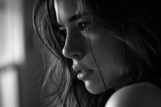 Woman that is looking at something in the dark