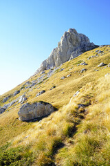 Trail along Mount Sedlena Greda in Durmitor National Park, Montenegro. A path trodden among the yellow grass leading to a picturesque high rock - a mountain landscape on a sunny autumn day.