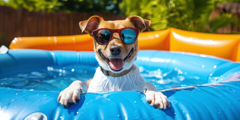 a dog in an inflatable pool escapes the summer heat in the backyard of a house
