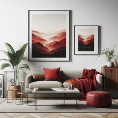 A living room with a template mockup poster empty white and with a couch and a coffee table photo attractive has illustrative meaning.