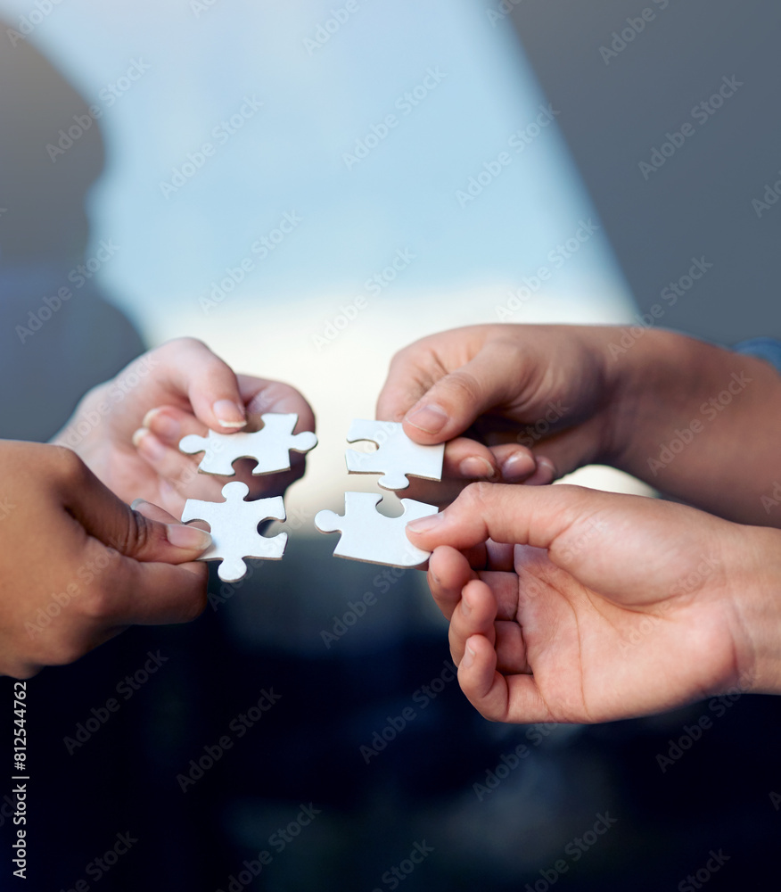 Poster hands, puzzle and teamwork for meeting, solidarity and support for team building. collaboration, div