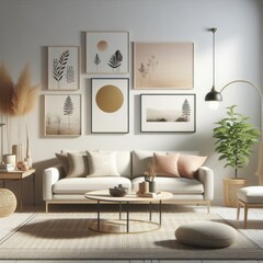 A living room with a template mockup poster empty white and with a couch and a coffee table photo lively card design.