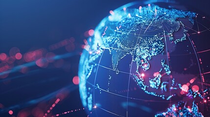 Digital world globe centered on asia and europe, concept of global network and connectivity on Earth, data transfer and cyber technology, information exchange and international telecommunication 