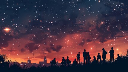 Fototapeta premium Silhouetted crowd enjoying a neighborhood stargazing event