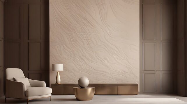  Light beige living room - modern interior hall and furniture design. Mockup for art - ivory taupe empty texture plaster microcement wall. Luxury premium nude accent lounge reception. 3d render 