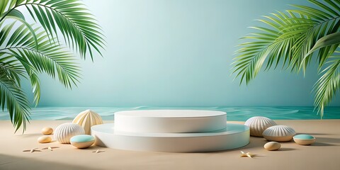 Obraz premium Minimal summer scene with white podium and palm leaves on sand. AI generated 