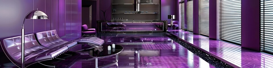 Sleek and Sophisticated Purple Stainless Steel Lounge Room with Luxurious Furnishings and Modern