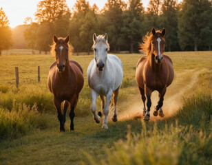 Obraz premium Horses running in idyllic pasture at sunset