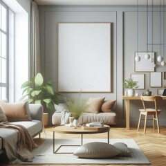 A living room with a template mockup poster empty white and with a couch and a table standardscalex image lively has illustrative meaning.