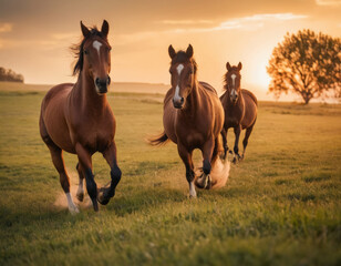 Horses running in idyllic pasture at sunset