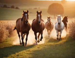 Obraz premium Horses running in idyllic pasture at sunset
