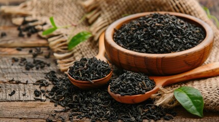 Dried black Darjeeling tea leaves in wooden spoon and bowl on wooden surface