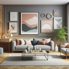 A living room with a template mockup poster empty white and with a couch and chairs image harmony used for printing.